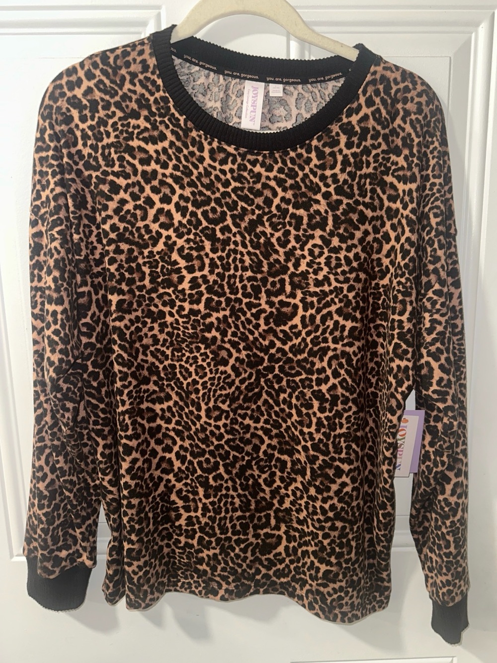 Time and Tru Leopard Print Crewneck Sweatshirt - Tan & Black
